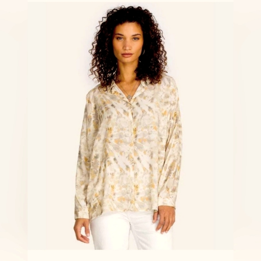 Johnny Was Calme Relaxed Boxy Button Up Shirt In Cream Tie Dye Size Small